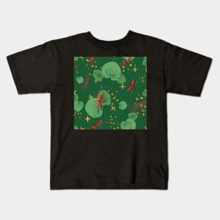 Thailand red dragonflies dancing among the lily pads - green, red, yellow Kids T-Shirt